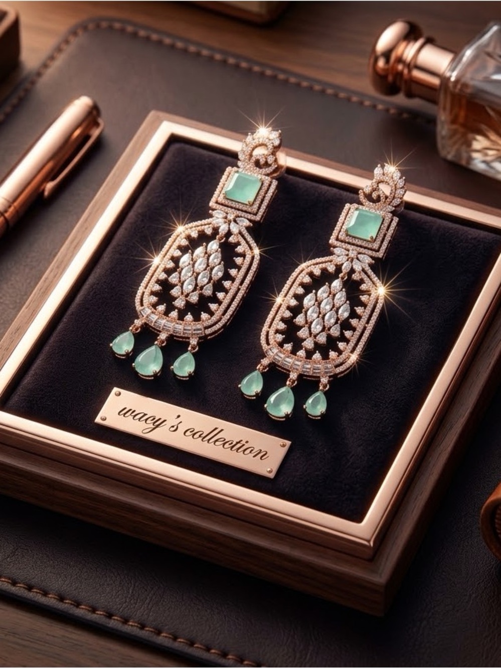 Mint Green Rose Gold Chandelier Earrings